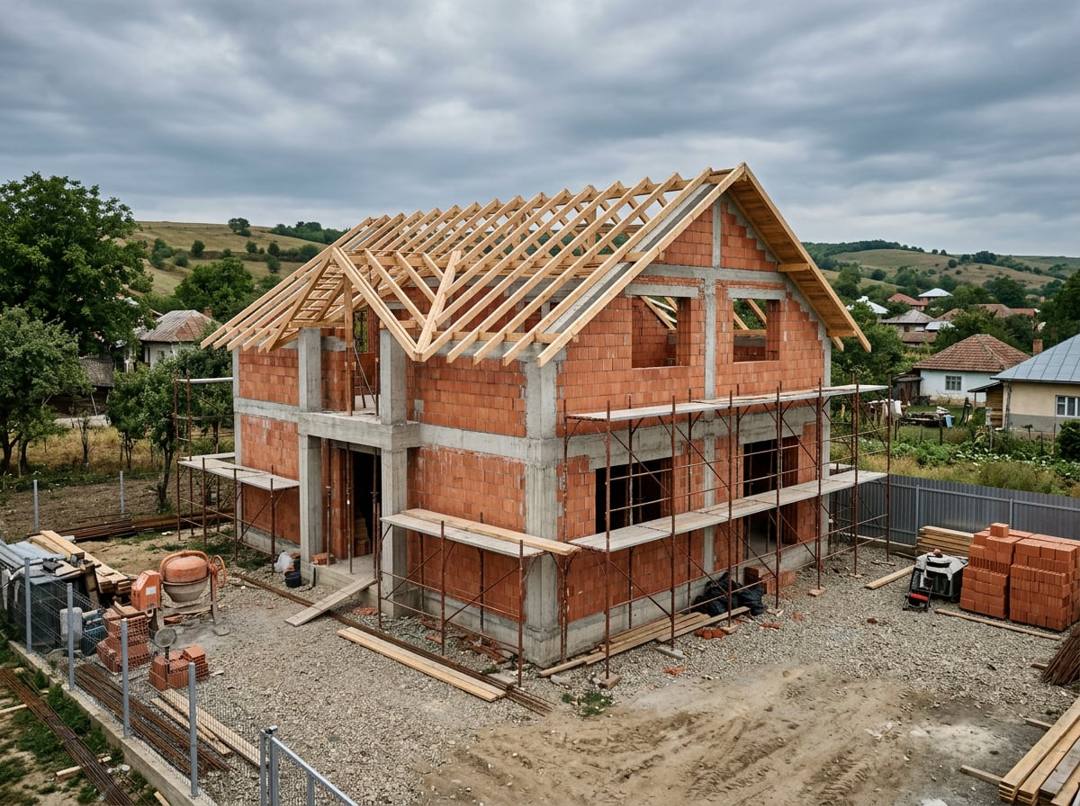 Casă la roșu cu structură din beton armat și zidărie din cărămidă, înconjurată de schelă
