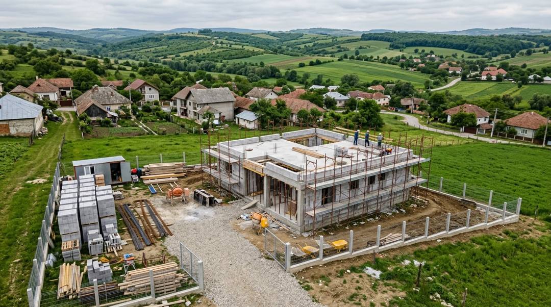 Șantier rezidențial organizat, cu structură în lucru și materiale depozitate