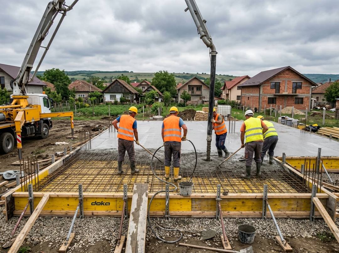 Turnarea betonului pe placa unei case