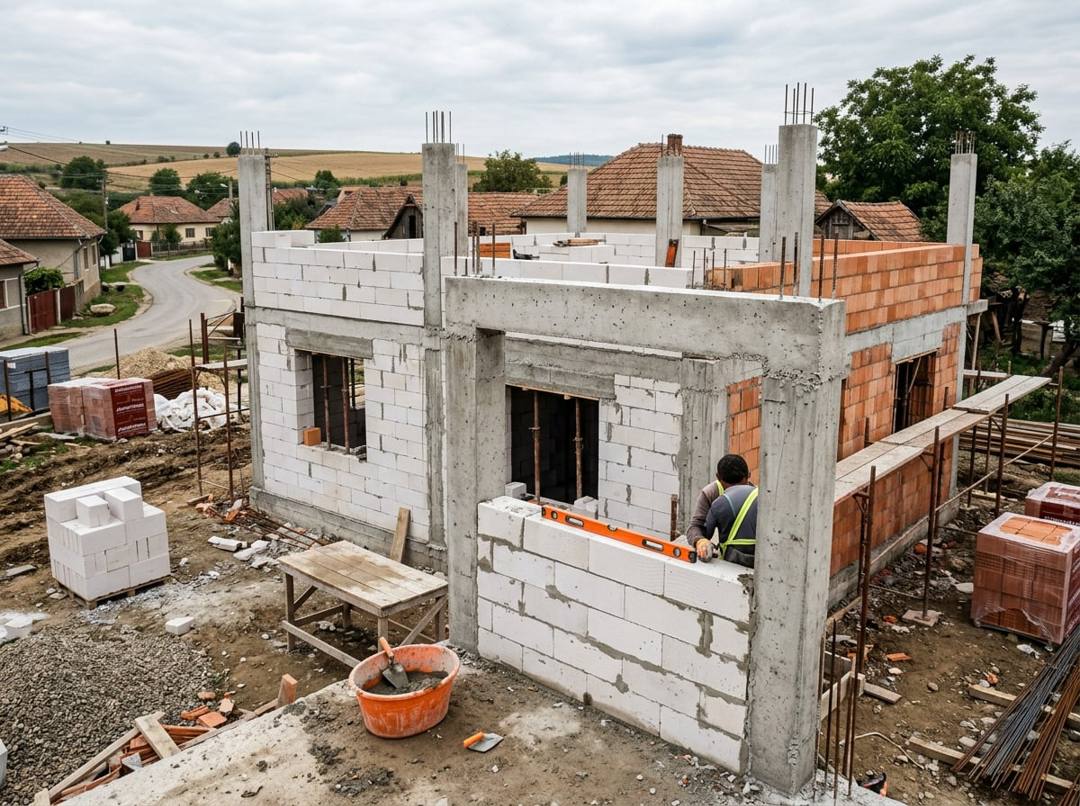 Zidărie din BCA și cărămidă între stâlpi din beton armat