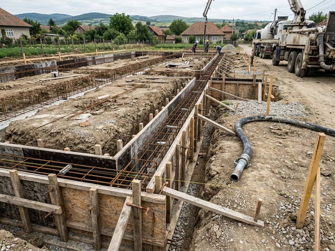 Fundație continuă cu armătură montată în tranșee și cofraj pregătit pentru turnare