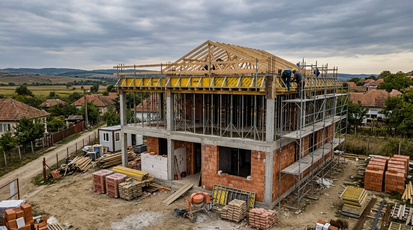 Casă în construcție în stadiul la roșu, cu structură din beton armat, cofraj Doka, popi metalici și schelă