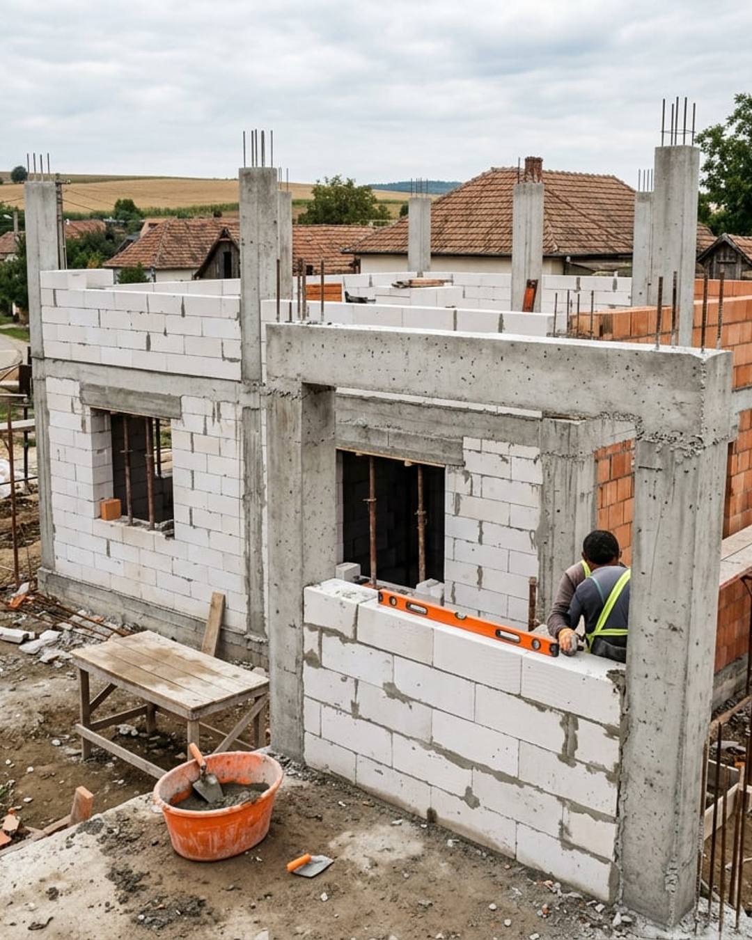 Execuție zidărie din BCA între stâlpi din beton armat