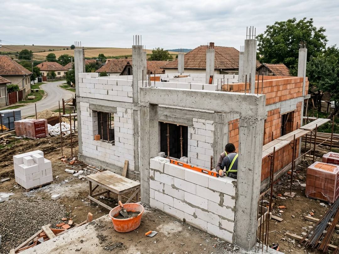 Zidărie din BCA între stâlpi din beton armat, cu zidar și nivelă